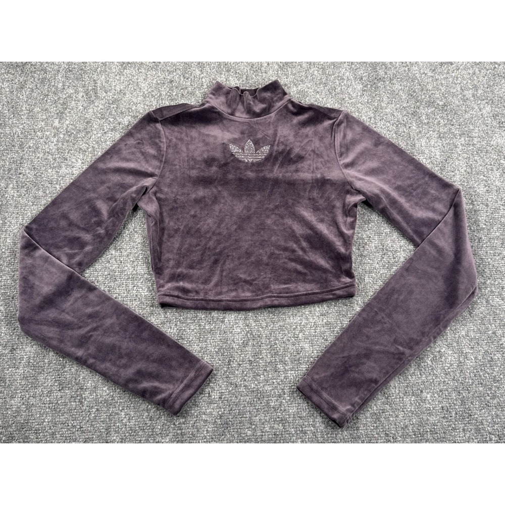 Adidas Girls S 8-10 Bling Long Sleeve Crop Top Velour Rhinestone Mock Neck NWT